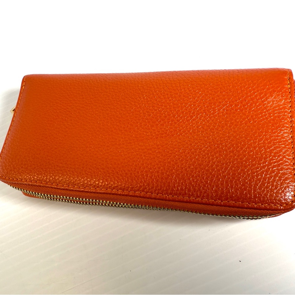 Neiman Marcus Orange Leather Double Zip 12 Card Wallet NWOT - Picture 4 of 8
